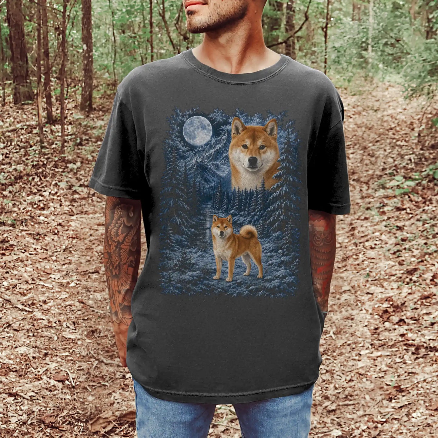 Person wearing a Pepper Shiba Inu winter forest t-shirt