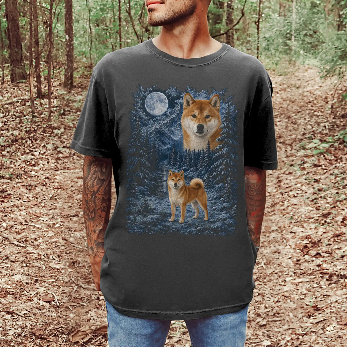 Person wearing a Pepper Shiba Inu winter forest t-shirt