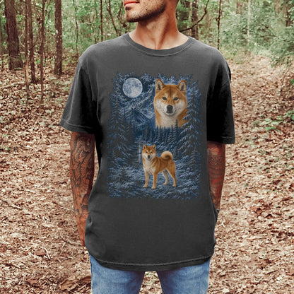 Person wearing a Pepper Shiba Inu winter forest t-shirt