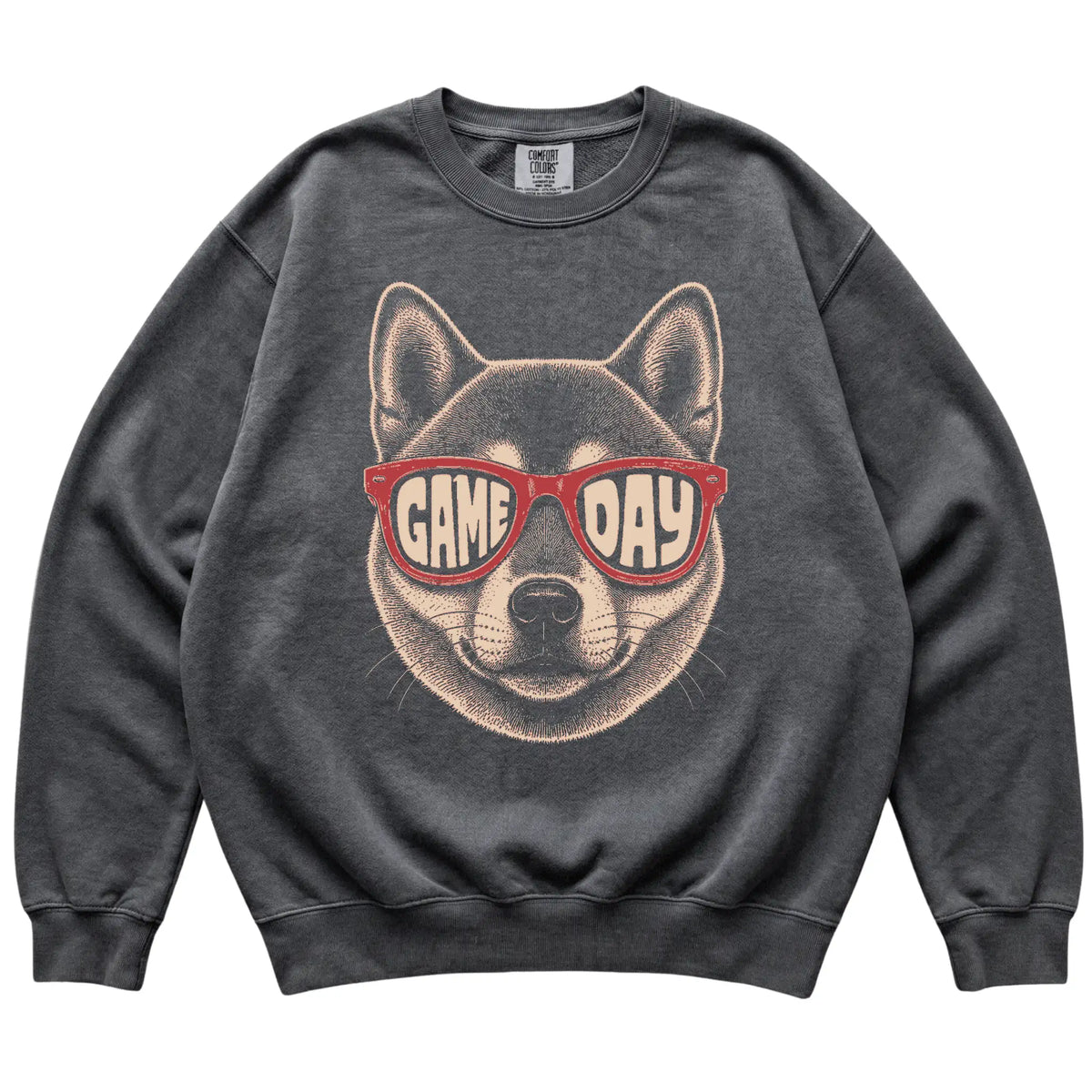 Shiba Inu Game Day design on a Pepper sweatshirt, flat lay