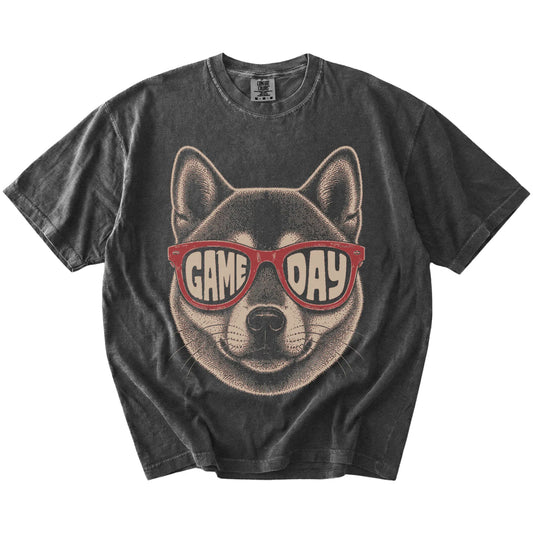 Shiba Inu wearing red Game Day sunglasses on a Pepper Comfort Colors® T-shirt