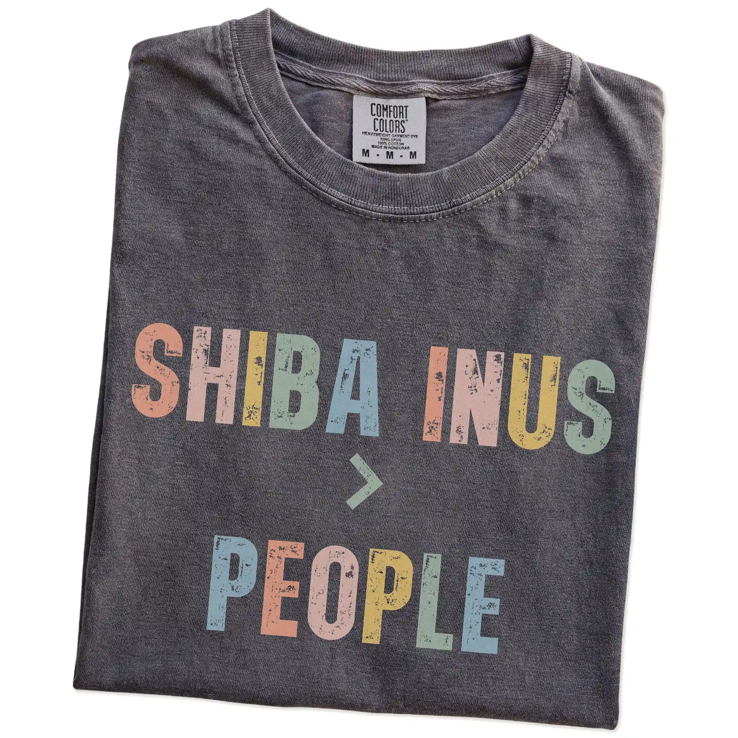 Folded Pepper Comfort Colors® T-shirt showing “Shiba Inus > People” text