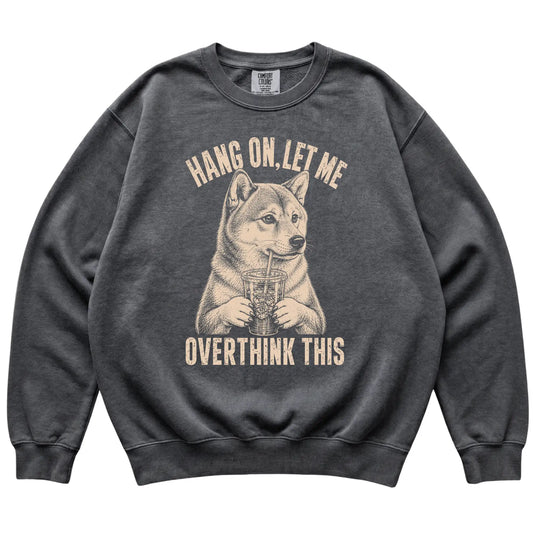 Pepper Comfort Colors sweatshirt featuring Shiba Inu Iced Coffee Overthink, laid-flat presentation
