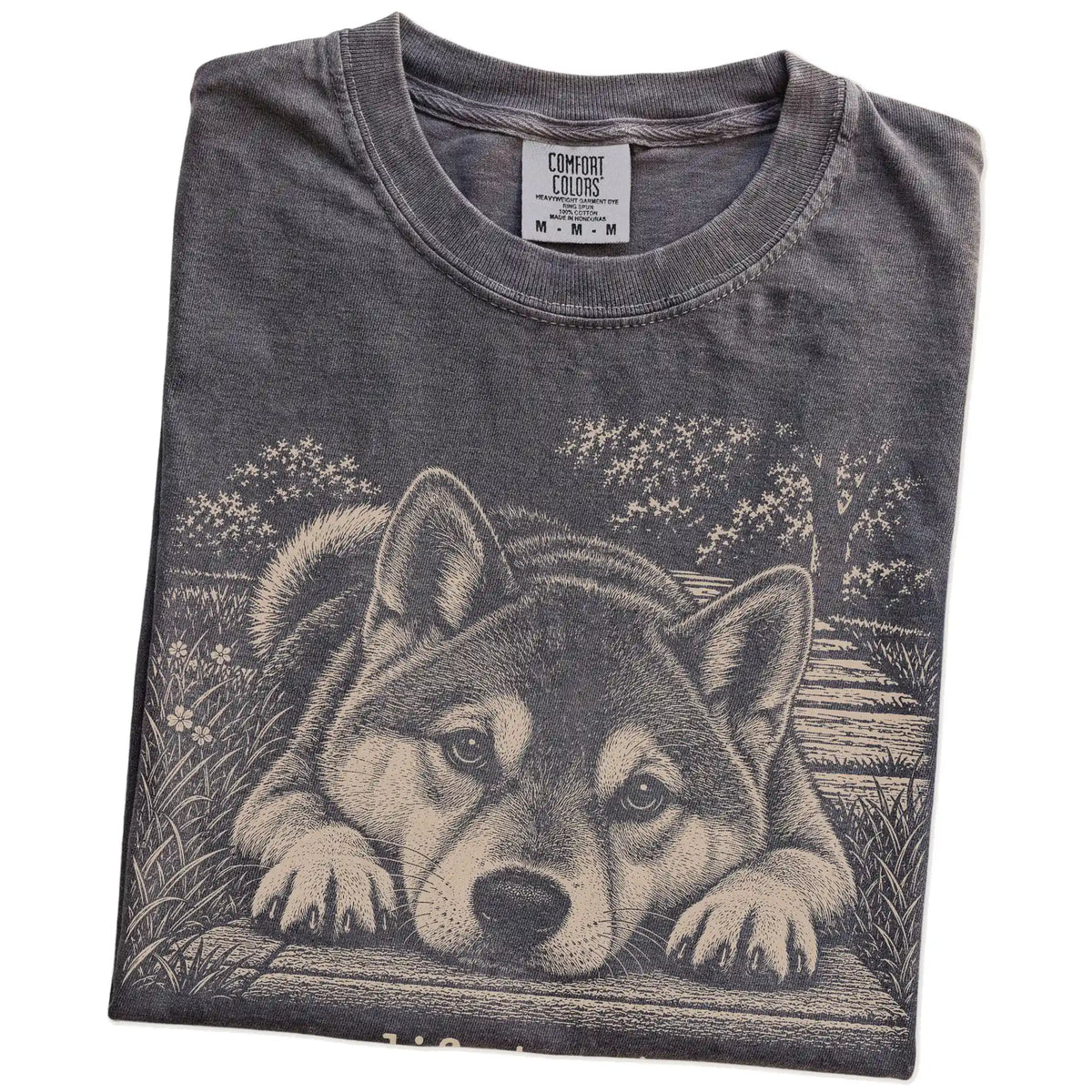 Shiba Inu Karma Comfort Colors T-shirt in Pepper — Folded Detail