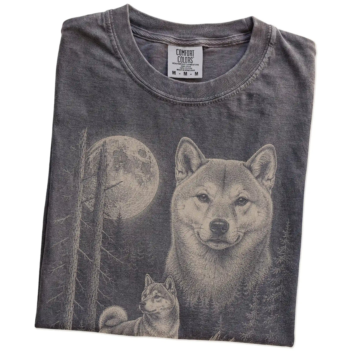 Folded Pepper Shiba Inu Moonlit Forest T-Shirt showing the graphic