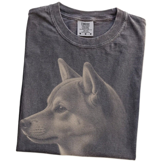 Folded Pepper Comfort Colors® T-shirt showing a detailed photographic portrait of a Shiba Inu