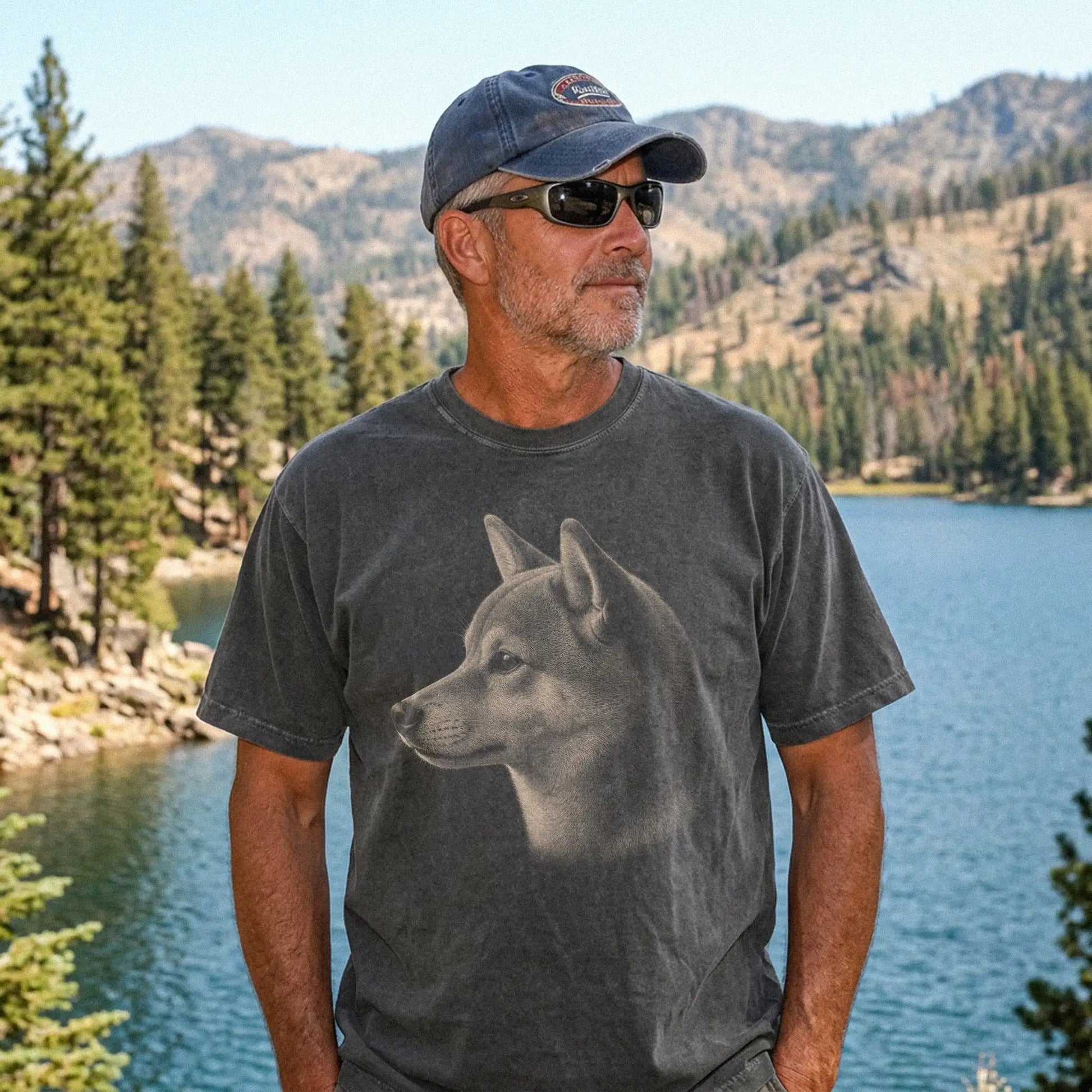 Model wearing a Pepper Comfort Colors® T-shirt with a detailed photographic portrait of a Shiba Inu