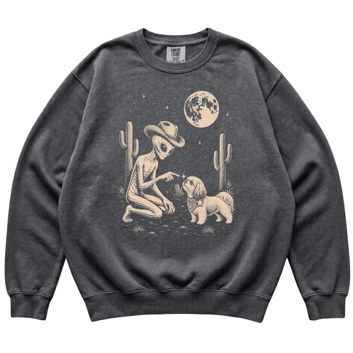 Pepper Comfort Colors® sweatshirt featuring Shih Tzu Cowboy and Alien, laid-flat presentation