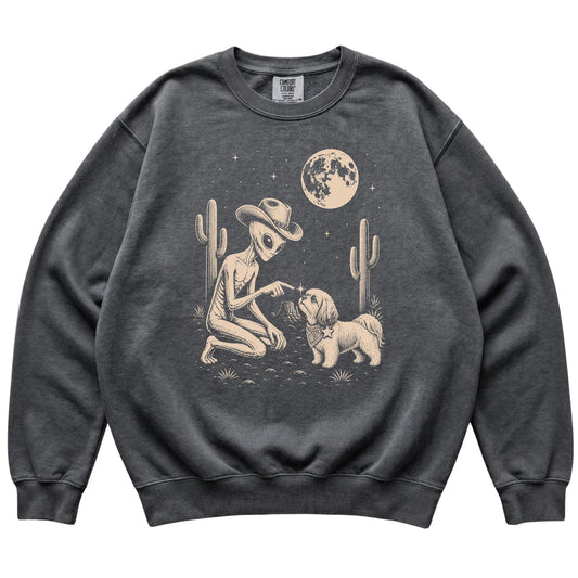 Pepper Comfort Colors® sweatshirt featuring Shih Tzu Cowboy and Alien, laid-flat presentation