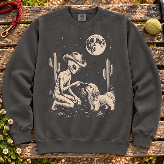 Shih Tzu Cowboy and Alien on a Pepper crewneck sweatshirt, shown flat