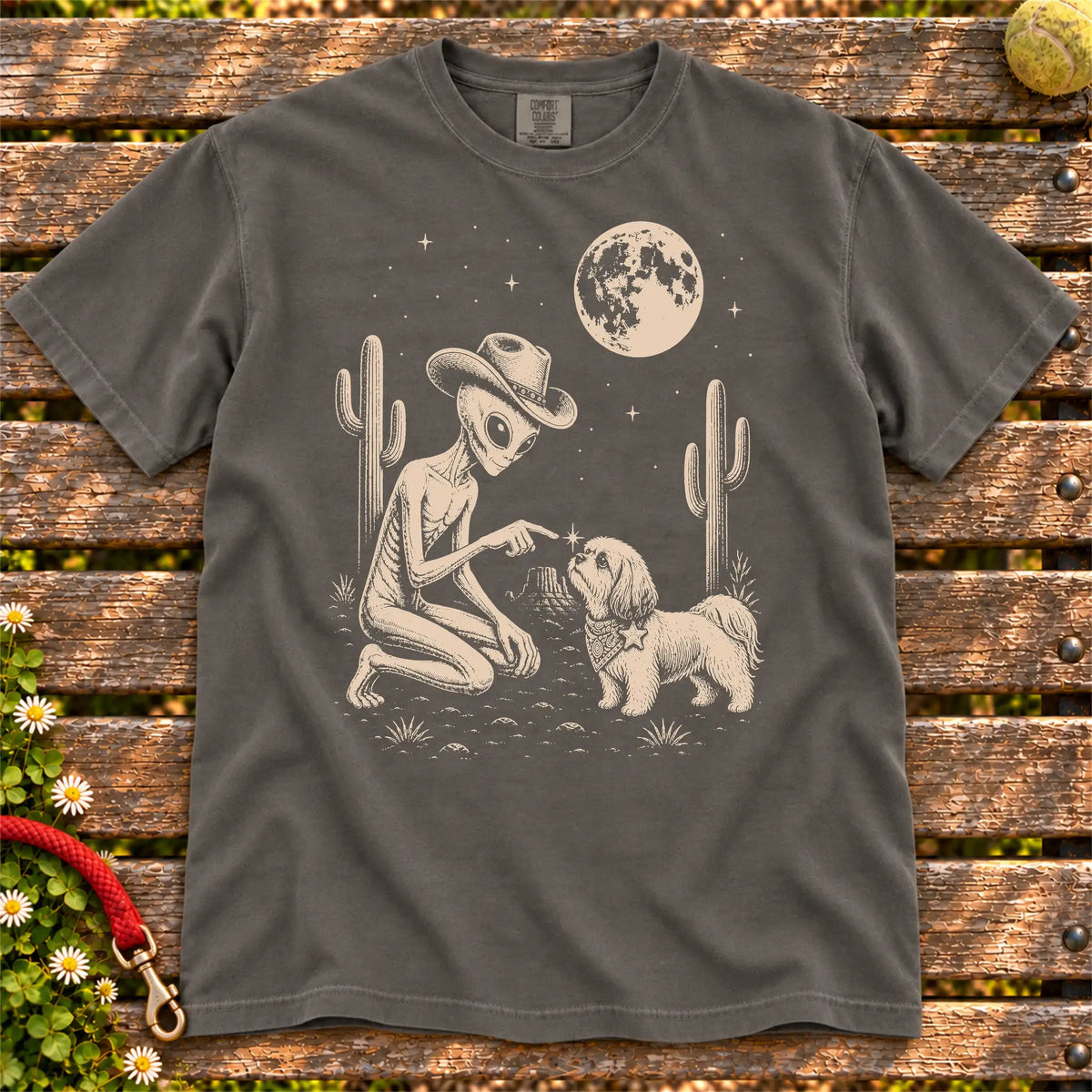 Shih Tzu Cowboy and Alien on a Pepper T-shirt, shown flat