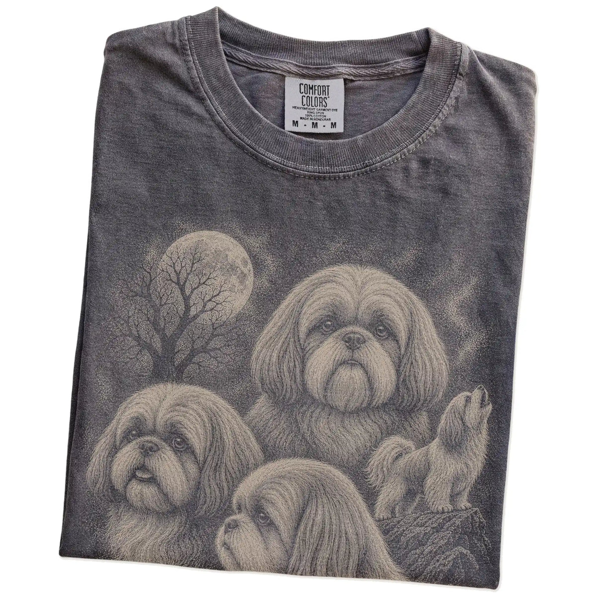 Folded Pepper Comfort Colors® T-shirt showing a vintage moon montage featuring Shih Tzu