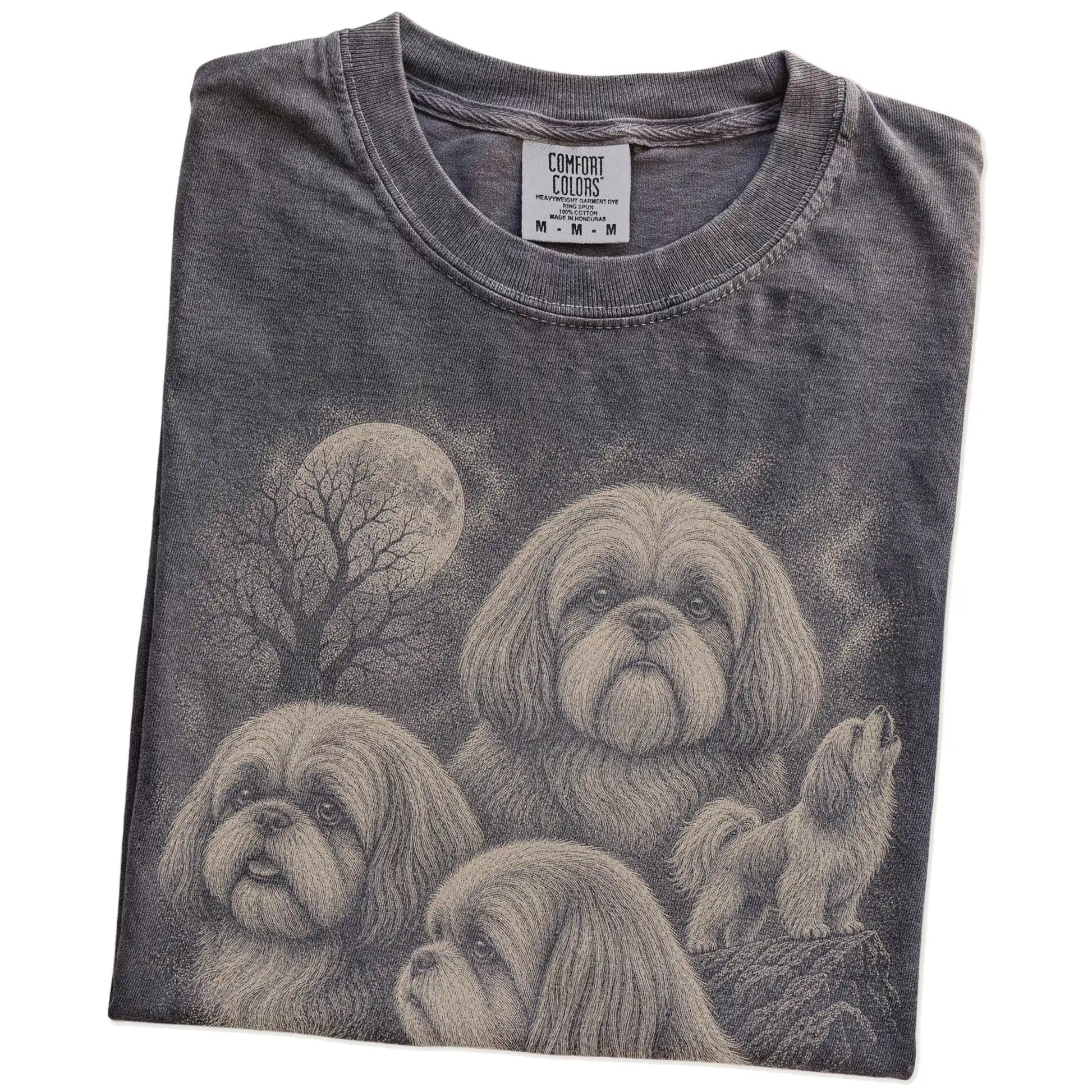 Folded Pepper Comfort Colors® T-shirt showing a vintage moon montage featuring Shih Tzu