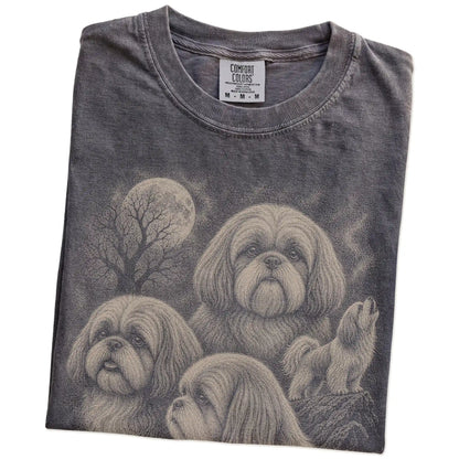 Folded Pepper Comfort Colors® T-shirt showing a vintage moon montage featuring Shih Tzu