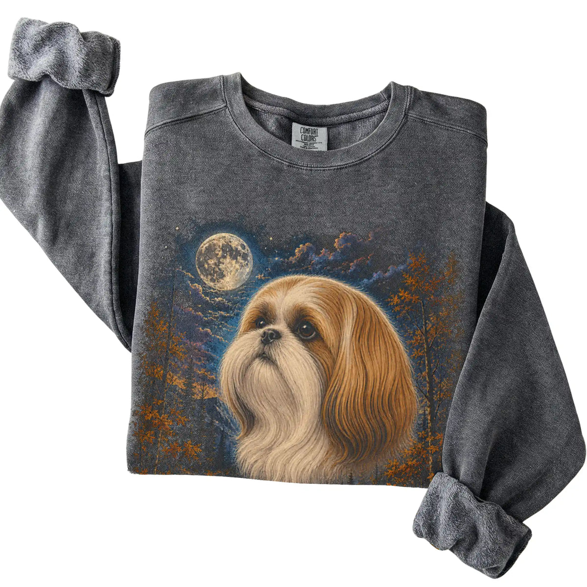 Folded pepper sweatshirt with Shih Tzu Autumn Moon artwork.
