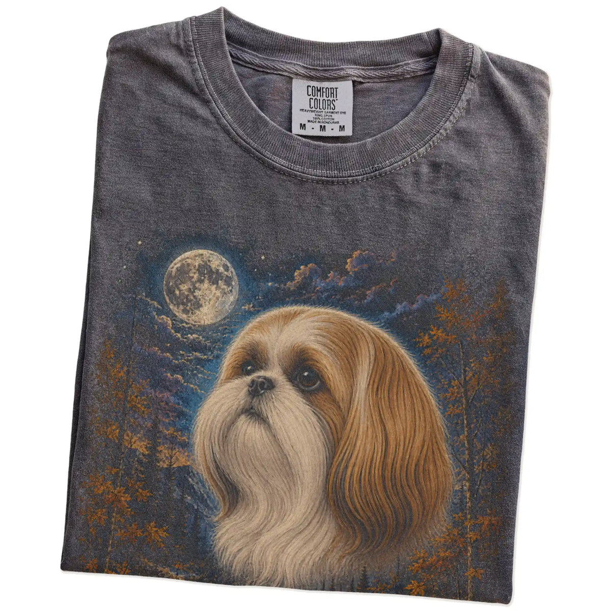 Folded pepper T-shirt with Shih Tzu Autumn Moon artwork.