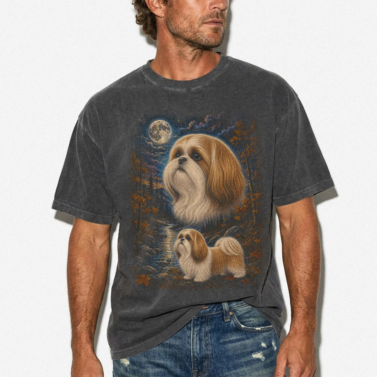 Model wearing a pepper T-shirt with Shih Tzu Autumn Moon artwork.