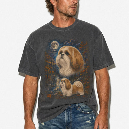 Model wearing a pepper T-shirt with Shih Tzu Autumn Moon artwork.