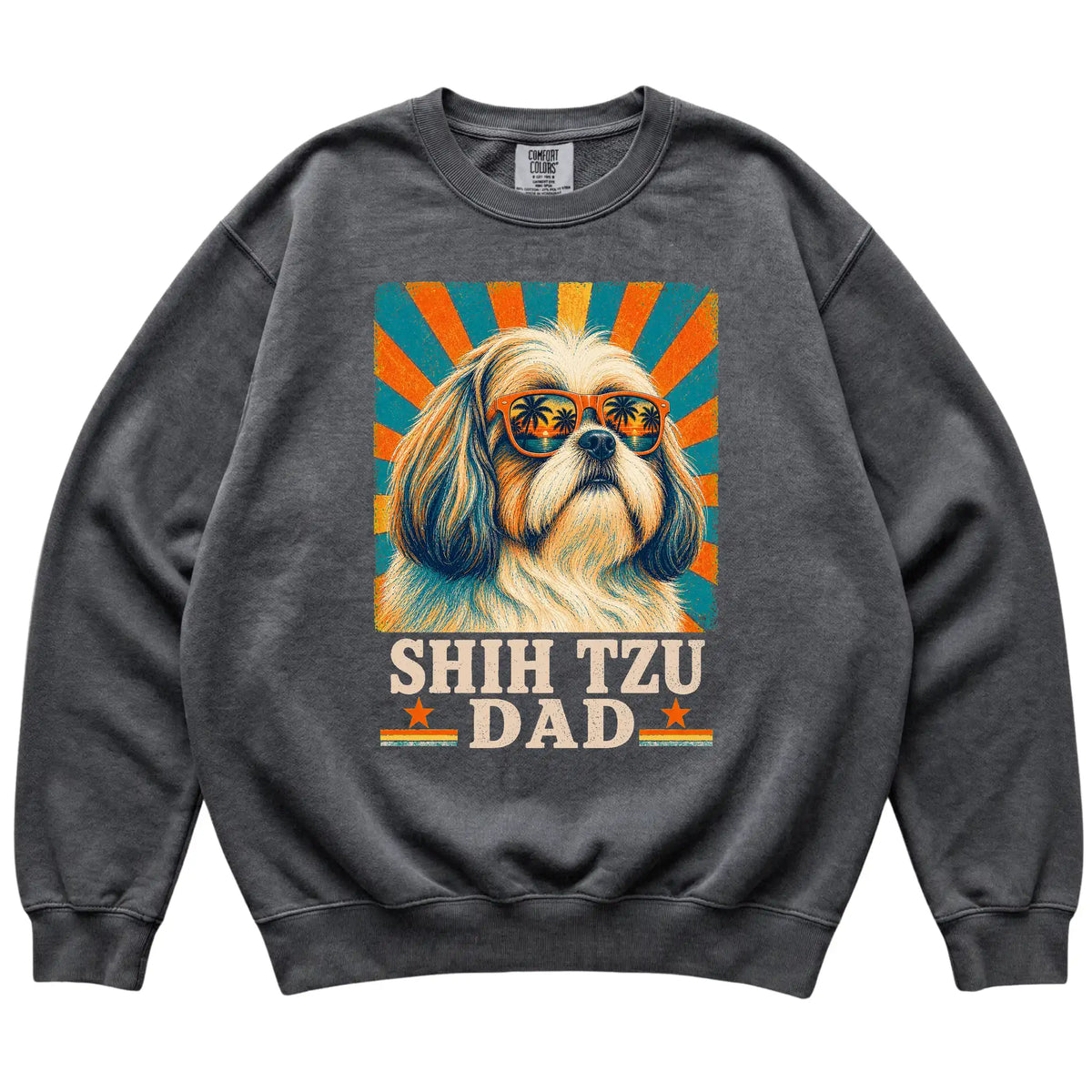 Retro Shih Tzu Dad design on a Pepper Comfort Colors sweatshirt
