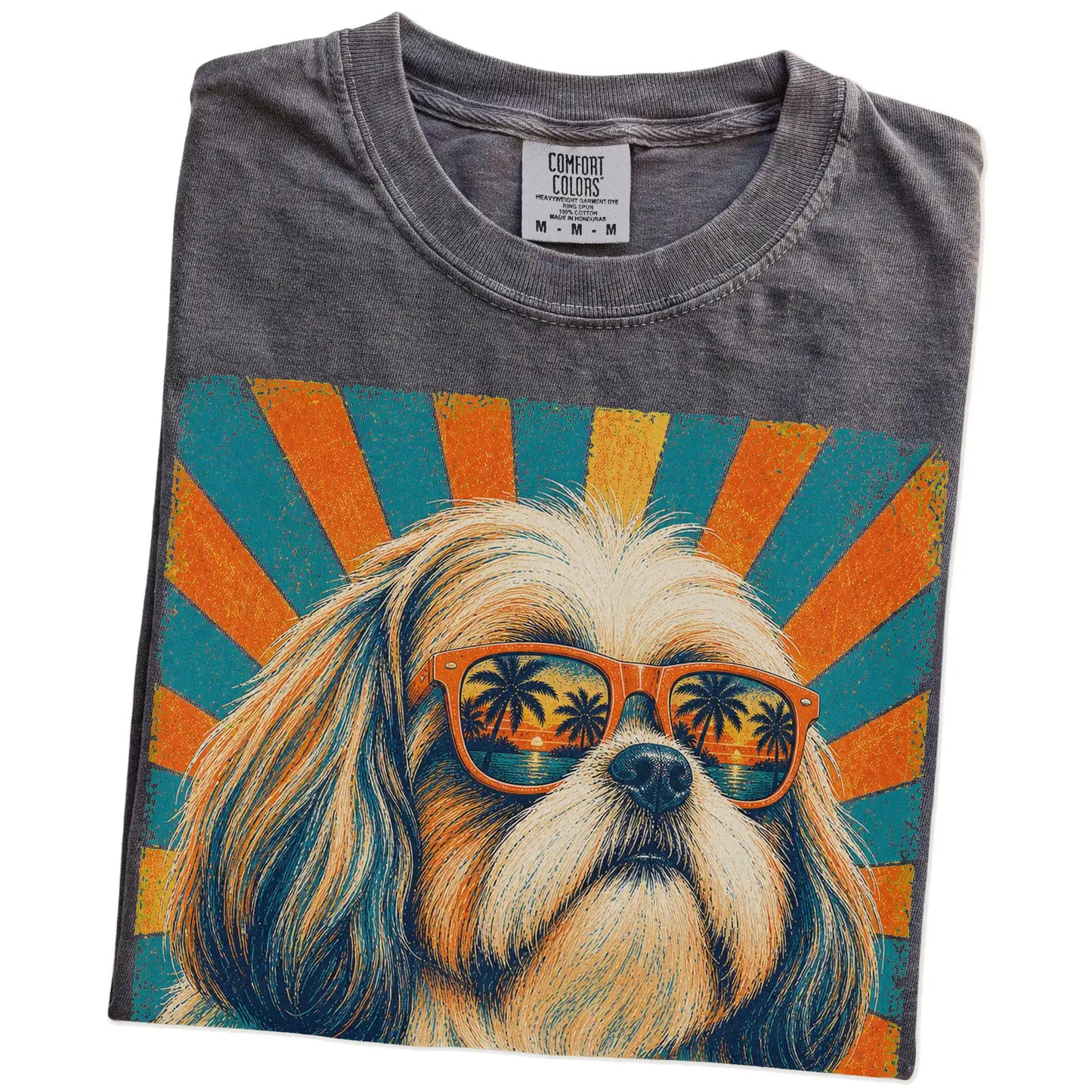 Retro Shih Tzu Dad design on a Pepper Comfort Colors T-shirt folded detail