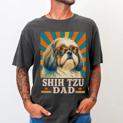 Retro Shih Tzu Dad design on a Pepper Comfort Colors T-shirt worn by a model