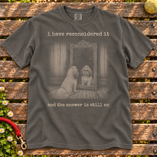 Antisocial Shih Tzu design on a Pepper Comfort Colors T-shirt, shown flat