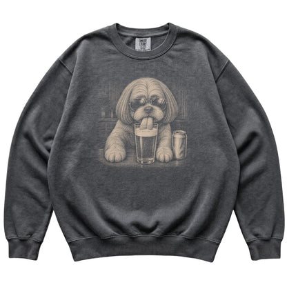 Pepper Shih Tzu drinking from a pint at a bar, laid flat