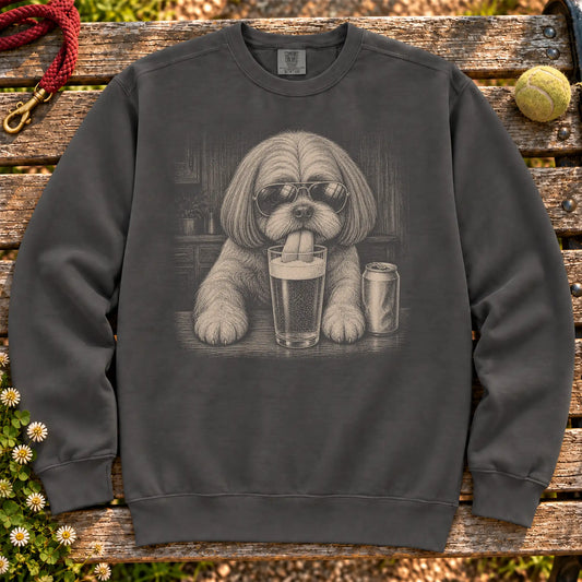 Shih Tzu Drinking Beer on a Pepper crewneck sweatshirt, shown flat