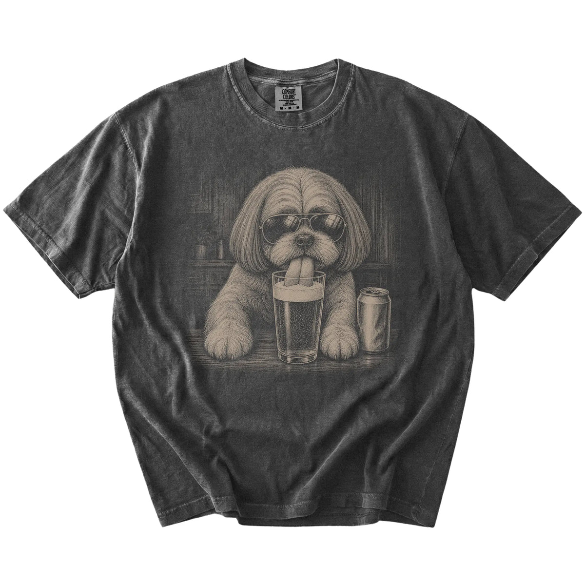 Shih Tzu sneaking a drink from a foamy pint at home on a Pepper Comfort Colors® t-shirt