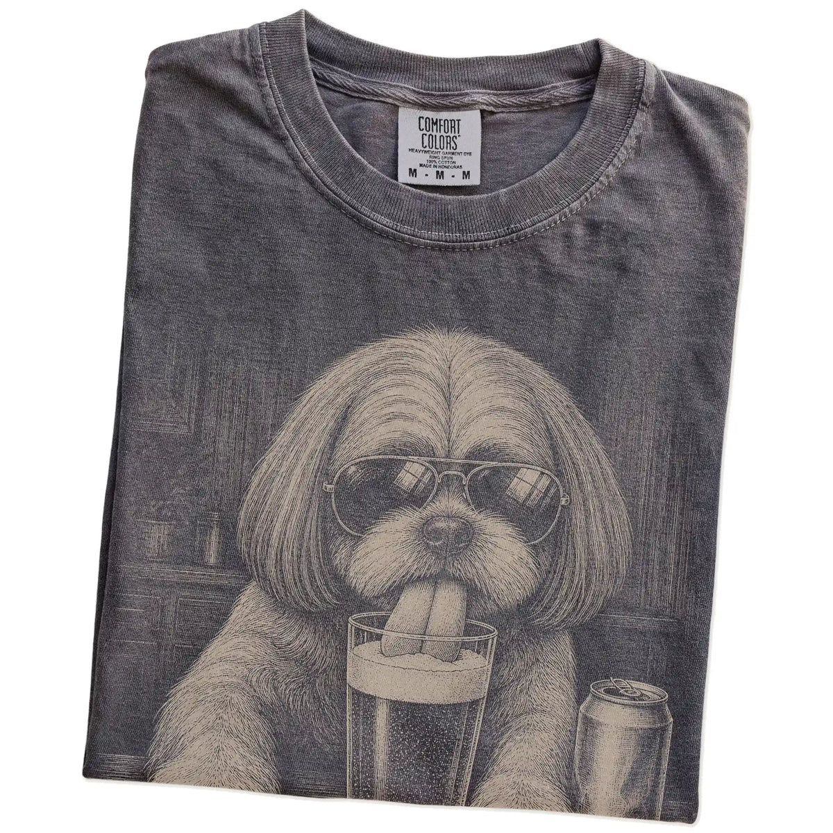 Folded Pepper Comfort Colors® t-shirt showing Shih Tzu sneaking a drink from a pint