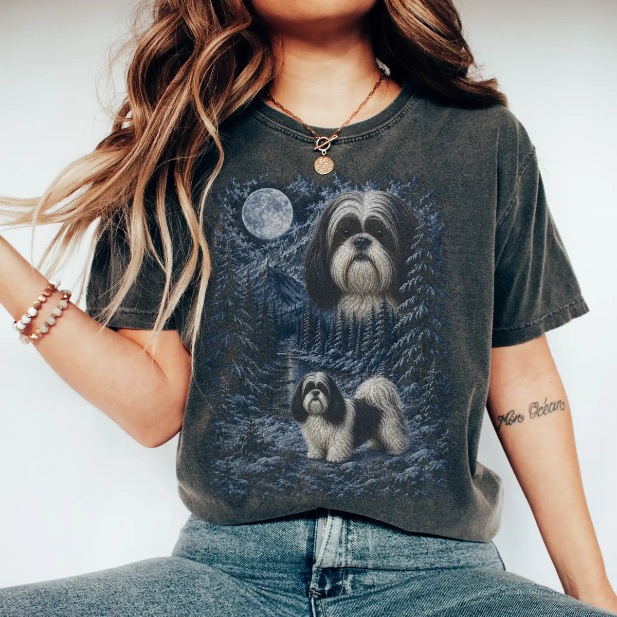 Person wearing a Pepper Shih Tzu winter forest t-shirt