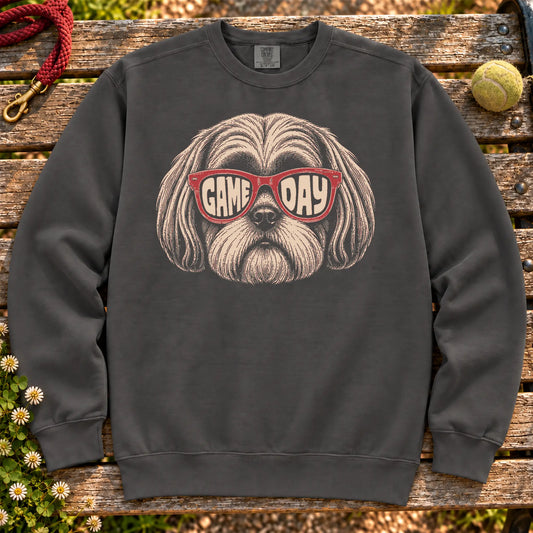 Shih Tzu Game Day Sunglasses on a Pepper crewneck sweatshirt, shown flat