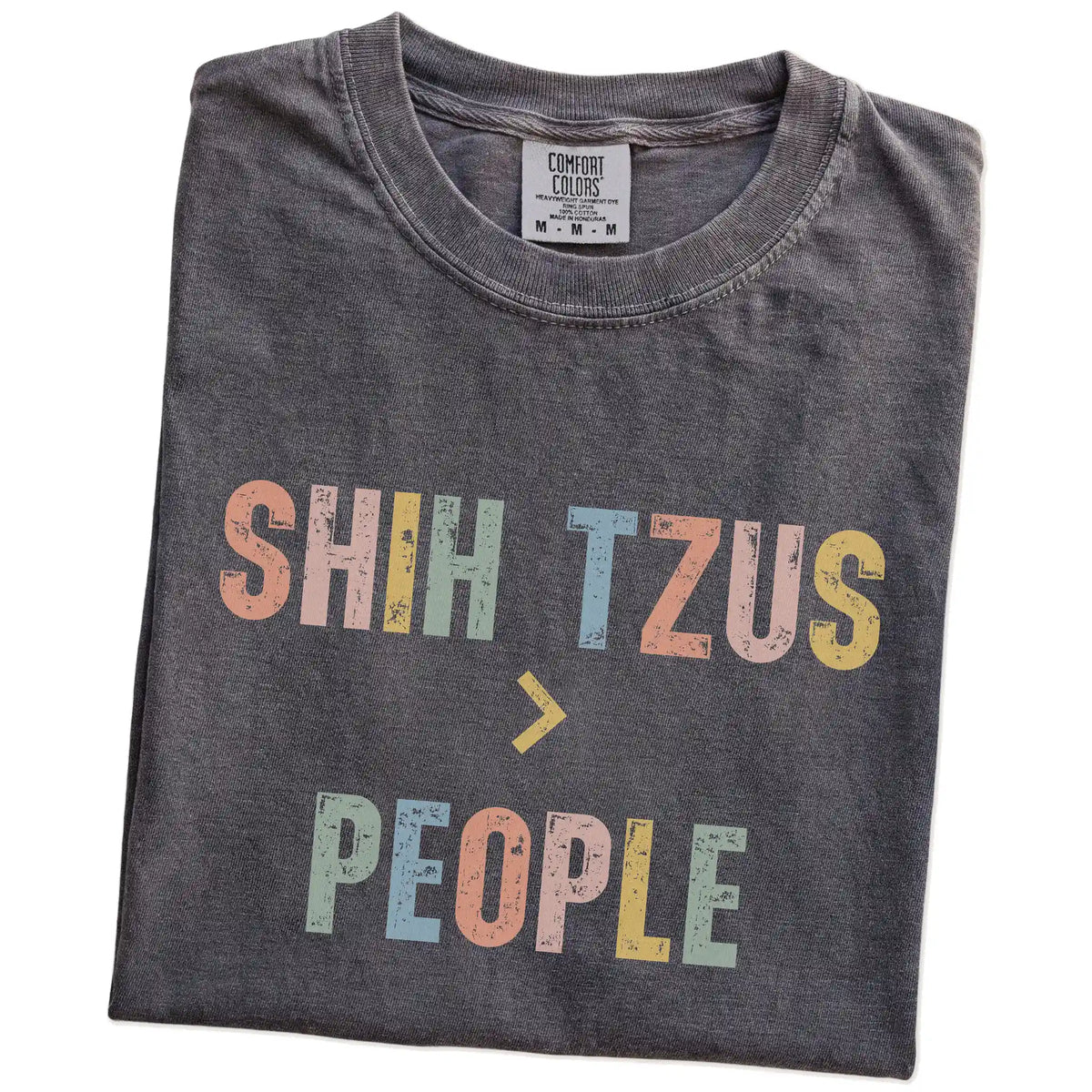 Folded Pepper Comfort Colors® T-shirt showing “Shih Tzus > People” text