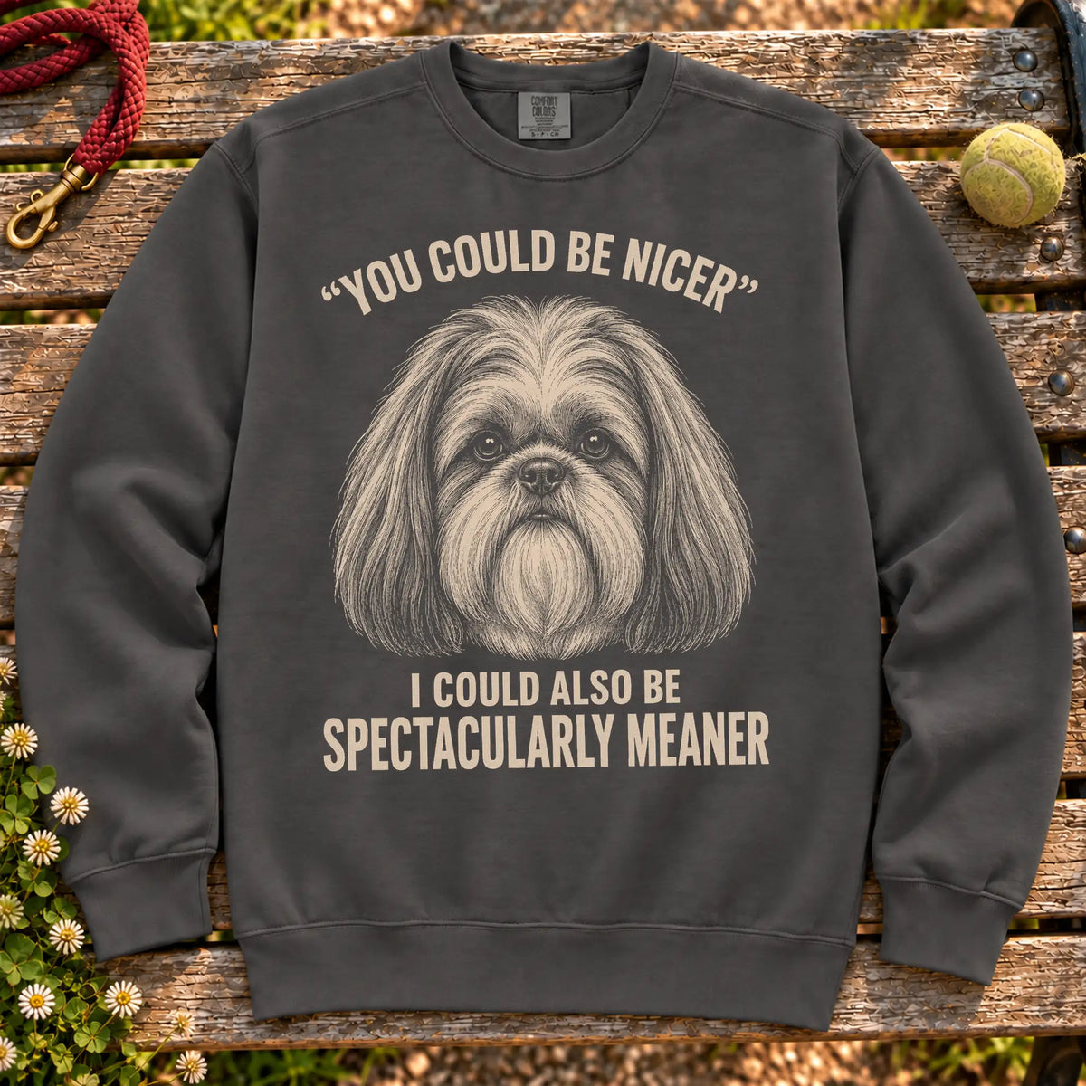 Shih Tzu Guard Dog on a Pepper crewneck sweatshirt, shown flat