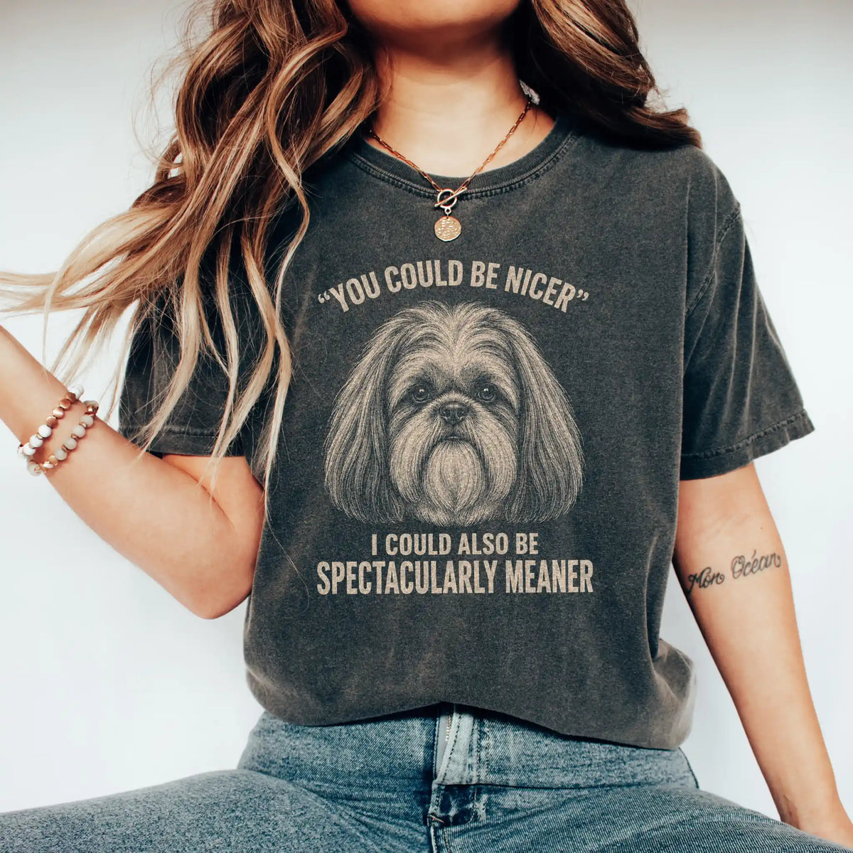 Shih Tzu Guard Dog T-Shirt in Pepper worn in a studio setting