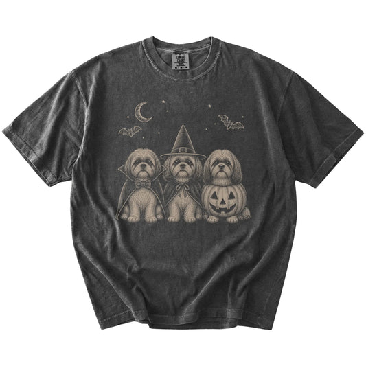 Three Shih Tzu dogs dressed for Halloween beneath bats and a crescent moon on a Pepper Comfort Colors® T-shirt