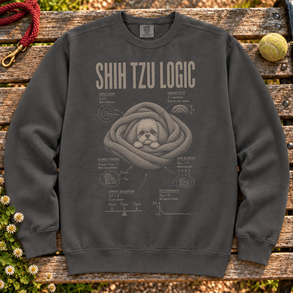 Shih Tzu Logic on a Pepper crewneck sweatshirt, shown flat