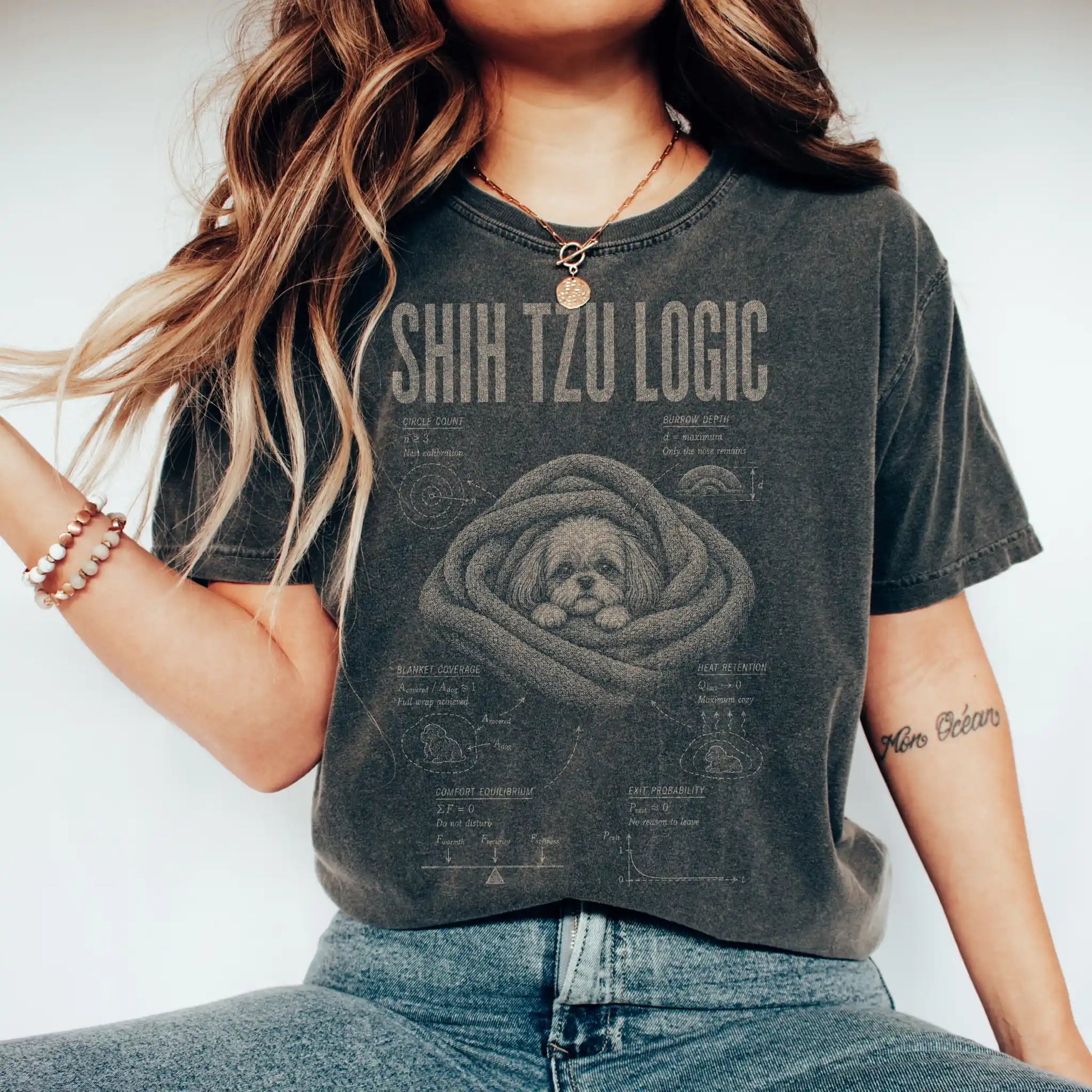 Woman wearing a Pepper Shih Tzu Logic T-Shirt