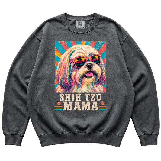 Retro Shih Tzu Mama design on a Pepper Comfort Colors sweatshirt