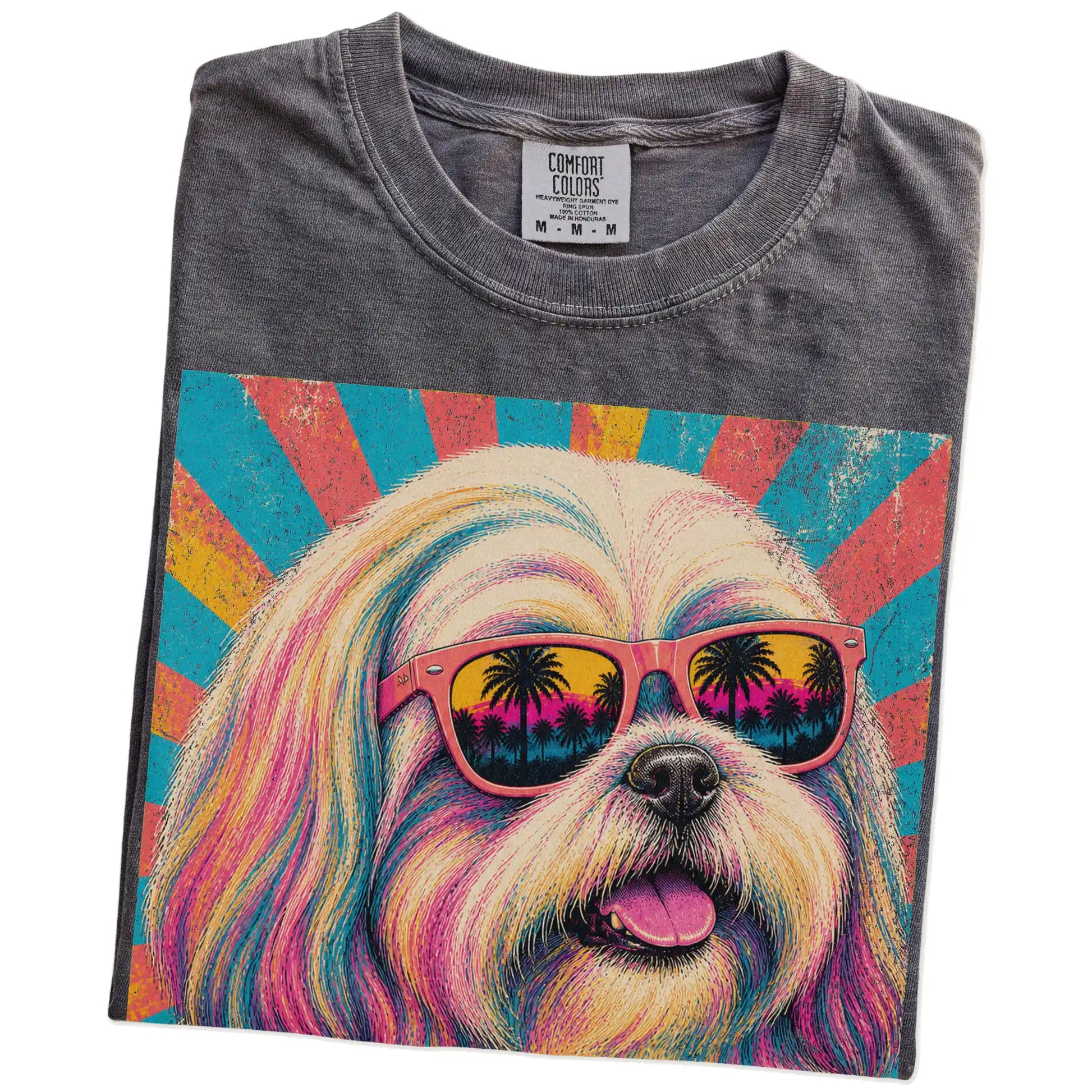 Retro Shih Tzu Mama design on a Pepper Comfort Colors T-shirt folded detail