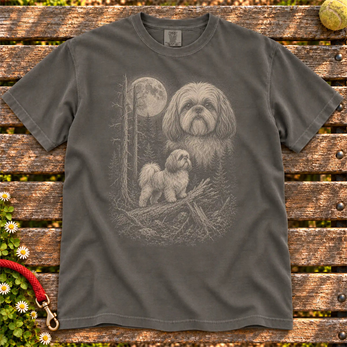 Shih Tzu Moonlit Forest design on a Pepper T-shirt shown flat