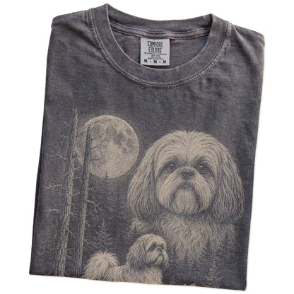 Folded Pepper Shih Tzu Moonlit Forest T-Shirt showing the graphic