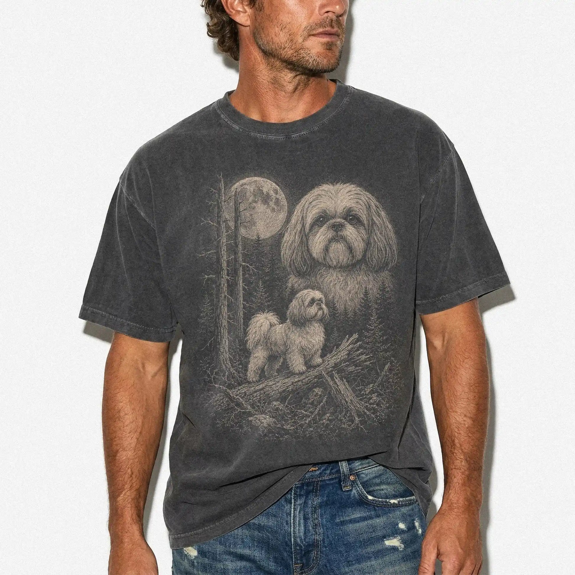 Man wearing a Pepper Shih Tzu Moonlit Forest T-Shirt