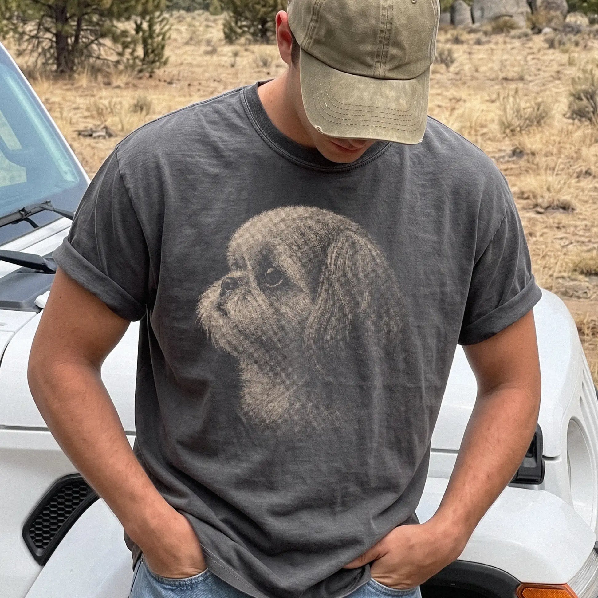 Model wearing a Pepper Comfort Colors® T-shirt with a detailed photographic portrait of a Shih Tzu