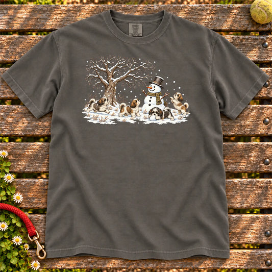 Shih Tzu puppies playing in snow with a snowman on a Pepper T-shirt