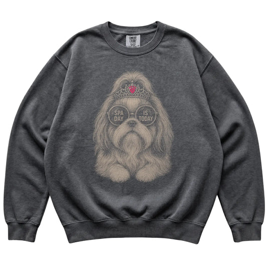 Pepper Comfort Colors sweatshirt featuring Shih Tzu Spa Day Is Today, laid-flat presentation