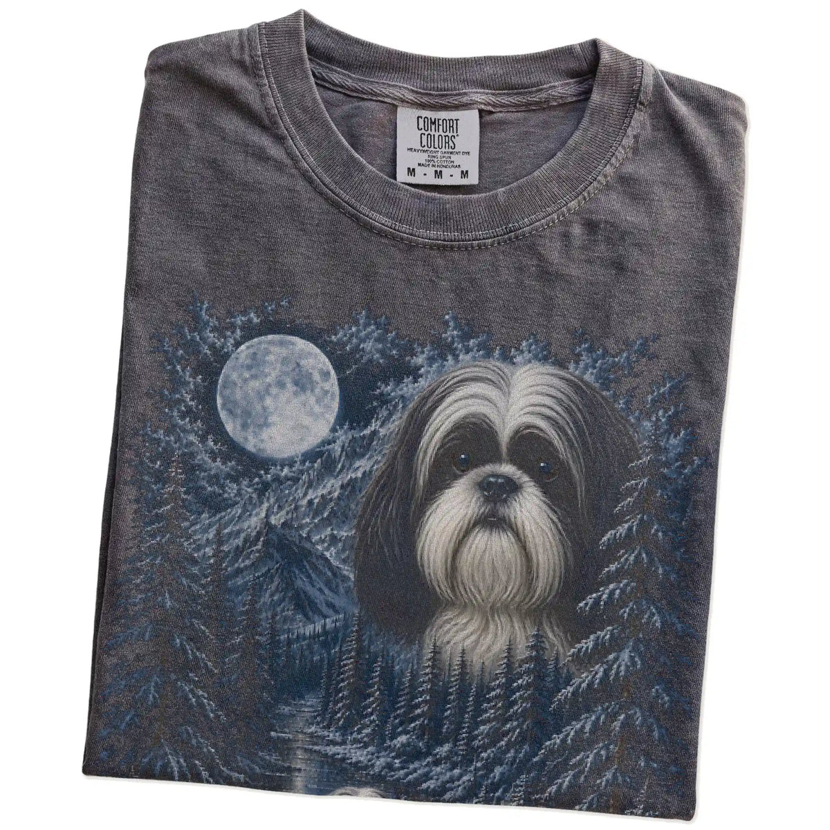 Folded pepper T-shirt with Shih Tzu Winter Moon artwork.