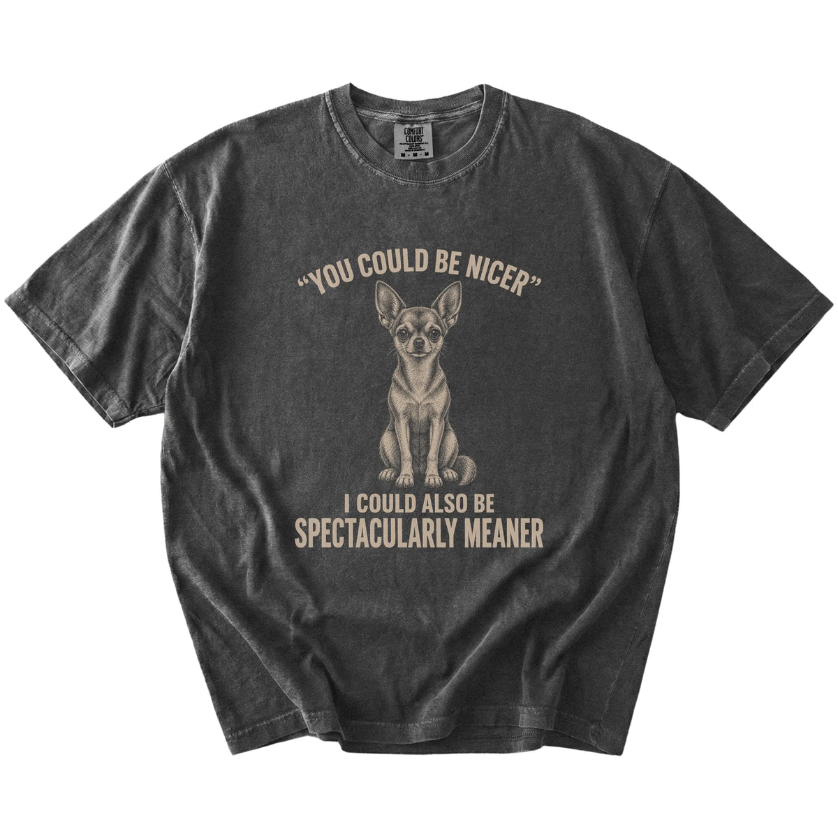 Short-Haired Chihuahua Guard Dog T-Shirt in Pepper — flat lay