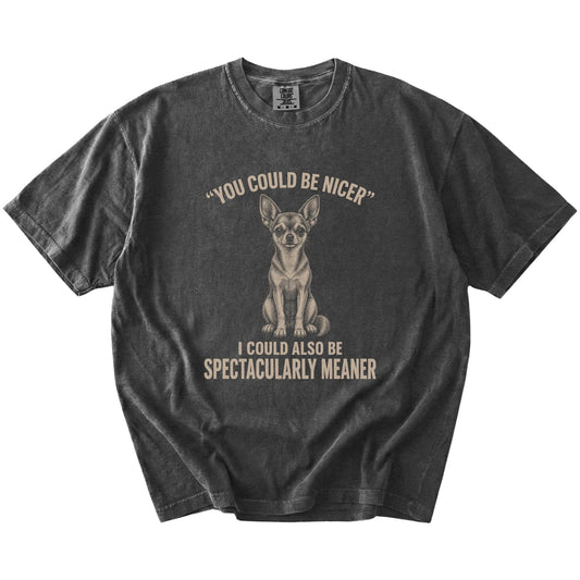 Short-Haired Chihuahua Guard Dog T-Shirt in Pepper — flat lay