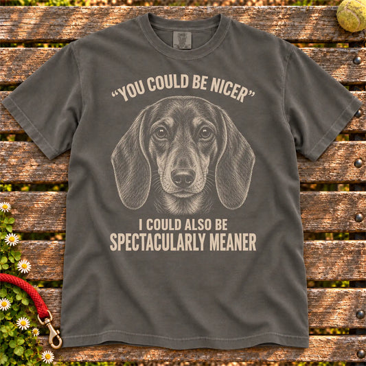 Short-Haired Dachshund Guard Dog design on a Pepper Comfort Colors T-shirt, shown flat